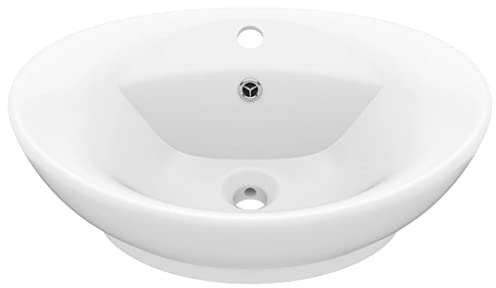 Ovale Keramik Waschbecken mit Überlauf, Matt-Weiß 58,5x39 cm, Aufsatzwaschbecken für Badezimmer, Gästetoilette und Küche, inklusive Hahnloch 3,5 cm und Abflussloch 4,5