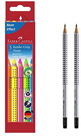 Faber-Castell 110994 - Buntstifte Jumbo Grip Neon, 5er Etui (1, inkl. 2 Bleistiften)
