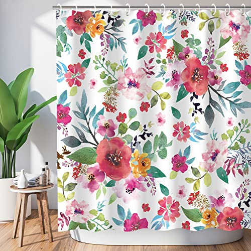 LIVILAN Blommigt duschdraperi för badrum – akvarell flickor duschdraperier med krokar – rosa blommig badrumsdekor, 183 cm B x 183 cm H