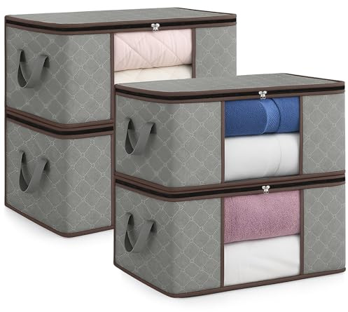 unycos - 4 Stück | 35L Aufbewahrungstasche, Kleideraufbewahrungstaschen, stoff mit Transparentem Fenster 48x36x20cm, Faltbare Boxen, Unterbett-Organizer für Bettdecken, Handtücher (Grau/Kaffee)