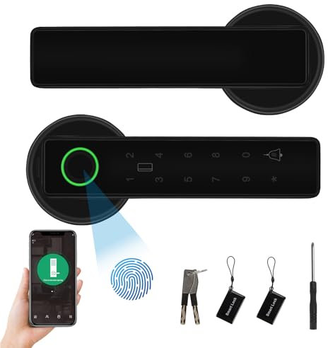 ConBlom Smart Lock, Fingerprint Smart Handle, 5-in-1 Electronic Digital Touch Lock, Left-Right Adjustable for Front Door, Home, Office, Apartment (Black)
