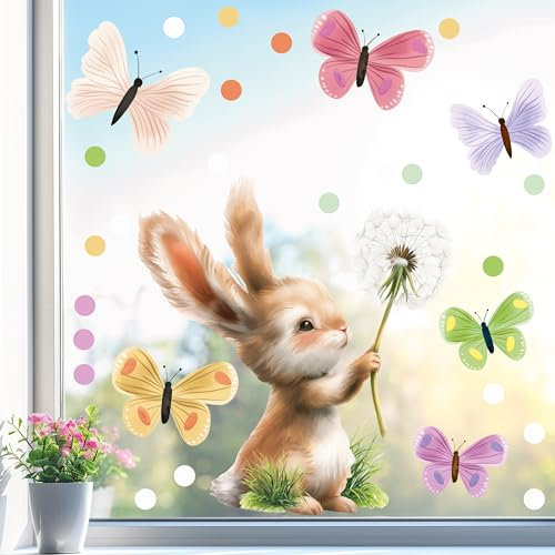 Sunnywall Fensterbild Fensterdeko Hase Pusteblume Schmetterlinge Fensteraufkleber statisch selbstklebend beidseitiger Druck Aufkleber Fenstersticker WIEDERVERWENDBAR A3