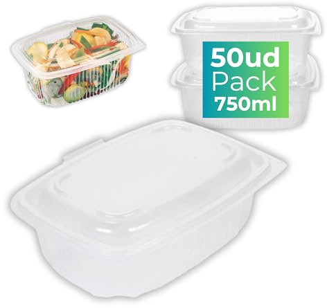 IAMI Pack 50 Fiambreras Reutilizables con Tapa Bisagra – Polipropileno (PP) – Aptas para Microondas y Lavavajillas – 750 ml – Uso Alimentario Seguro – Envases Resistentes y Duraderos