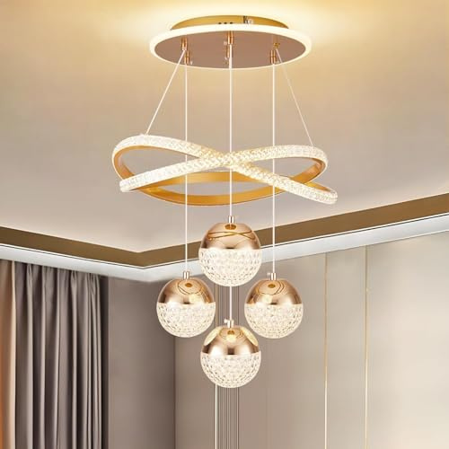 VTAMng Gold Acryl Kronleuchter Ring Moderne Led Kristall Küche Insel Leuchte Decke Hängen 3 Ball Dimmbare Deckenleuchten Led Pendelleuchte mit Fernbedienung Studie Büro Pendelleuchte(Gold,Regular styl