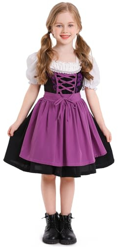 Odizli Costume Dirndl da bambina, a maniche corte, colore bianco, grembiule + gonna, 3 pezzi, lunghezza al ginocchio, Oktoberfest, Lilla, 14-16 anni