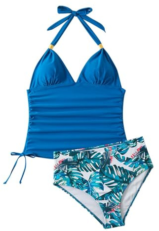 Tankini Sets for Women UK Two Piece Swimsuit Halter Neck Tankini with Shorts Padded Tankini Top Swimwear Sets Ruched Bathing Suit Tummy Control Swimming Costume with Shorts Beach Wear