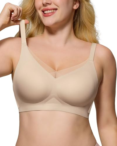As Fairy Wireless Non-Wired Bra for Women Seamless Push Up with Soft Support Lace V-Neck Mesh Criss-Cross Back Everyday Lounge Yoga Use (Nude,XL)
