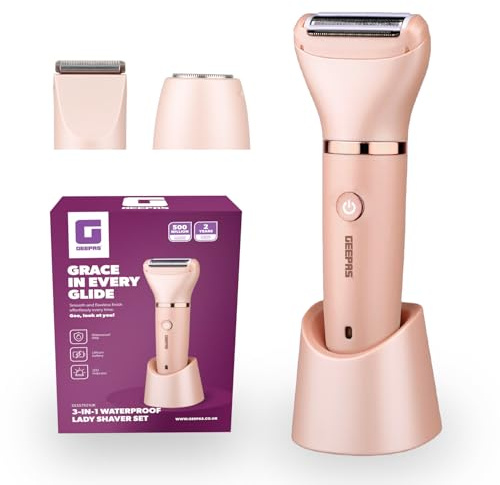 GEEPAS 3-in-1 Waterproof Lady Shaver Set | Wet & Dry Rechargeable Electric Razor for Women with Facial Hair & Body Trimmer Heads | Cordless Portable LED Indicator | USB Charging, Gift for Women