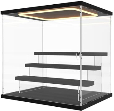 Nynelly Vitrine pour Collection avec Éclairage LED, 4 Niveaux Vitrine Acrylique Rangement avec Porte et Marches, Anti-Poussière Transparente Plexiglas Boite Presentoir pour Funko Pop, Figurine, Noir