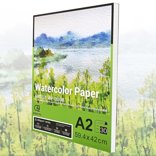ESENG® Premium akvarellpapper DIN A2, 100 % bomull – 30 x ark – 300 GSM – vit, akvarellblock, målarblock papper för akvarell, rita, måla