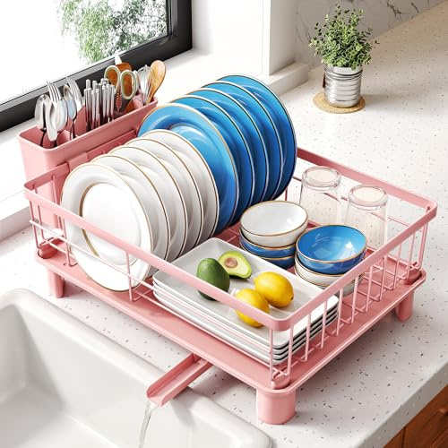 SNTD Dish Drying Rack - Small Dish Rack for Kitchen Counter, Stainless Steel Dish Drainer with Utensil Holder and Drainboard, 11 W x 15 L (Pink)