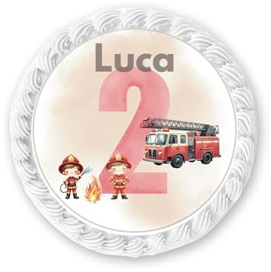 Personalisierter Tortenaufleger, Feuerwehr-Design, Essbar, Geburtstagstorte, Tortendeko, rund 20cm, Fondant, Name und Zahl personalisierbar, Kuchendeko,