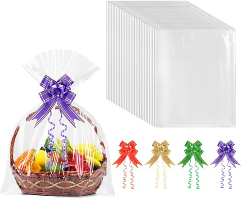 20 Pcs Cellophane Wrap for Hampers, 70 x 50cm Clear Gift Bags with Pull Bows, Large Cellophane Bags for Hamper Making Christmas Easter Valentine's Day Presents Packaging (Clear, 50X70)