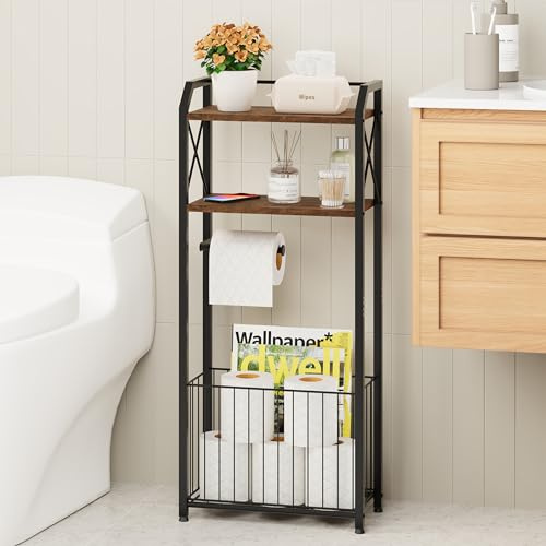 HapiRm Freestanding Toilet Paper Holder - 4-Tier Bathroom Tissue Organizer with Wood Shelves and Large Basket, Toilet Paper Holder Stand for Bathroom, Laundry Room, Apartment - Black（Large）
