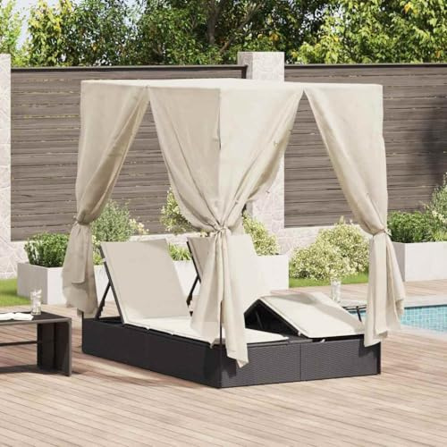 Mokuyary Dubbel solstol med tak, svart 205 x 129 x 200 cm, strandstol med båda sidor, justerbar trädgårdsstol, solstol för trädgård, balkong, terrass, camping, strand, pool