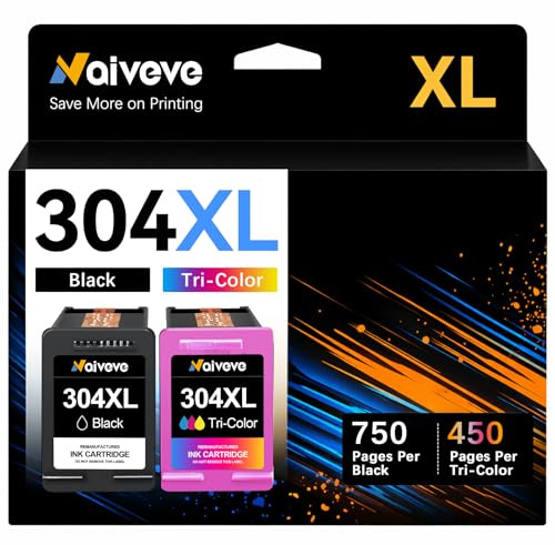 Naiveve 304XL Compatibile per Cartucce HP 304 XL per HP Envy 5030 5032 5010 5050 DeskJet 3760 3750 2630 3762 2600 2620 2622 Stampante (1 nero, 1 colore)