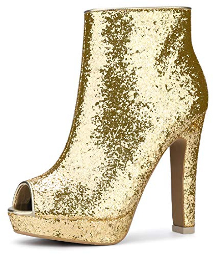Allegra K Women Glitter Chunky Heeled Platform Open Toe Ankle Boots
