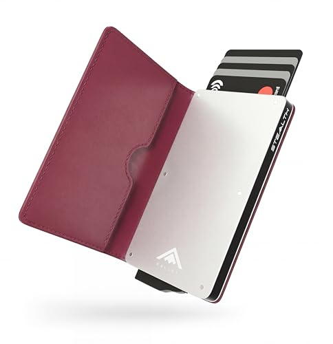 Stealth Wallet - Burgundy Slim RFID Blocking Metal Card Holder for Men | Silver Aluminium & Burgundy Faux Leather | Pop Up | RFID Contactless Protection | Slim Lightweight Mens Card Wallet