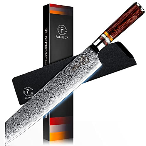 FANTECK 24cm Kiritsuke Damastmesser Kochmesser Scharf Profi Chefmesser Fleisch Obst Gyuto Allzweckmesser 67 Schichten VG-10 Damaststahl Küchenmesser[Geschenkbox] mit Ergonomischer PakkaholzGriff