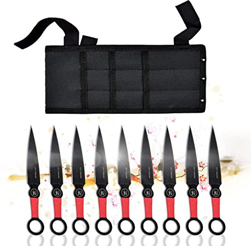 Swords and more Edelstahl-Kunai, 9er-Set mit Scheide, rutschfester Griff, japanische Wurfmesser, Stahl, Zubehör für Anime-Cosplay, Schwarz (9 Wurfmesser)