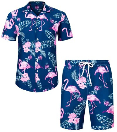 J.VER Herren Hawaiihemd Flamingo Floral Kurzarmhemd und Shorts Sommer Beach Freizeithemden Funky Party Outfit Hawaii Hemd Männer Faltenfrei Urlaub Hemd Set,Blau Flamingo,L