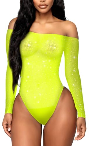 RSLOVE Costume intimo da donna a rete sexy, body in maglia Bodystocking, Giallo, Taglia unica