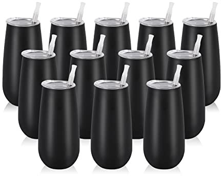 Lot de 12 flûtes isothermes sans pied, 177 ml, incassables, pour amis, anniversaire, Noël, mariage (noir)