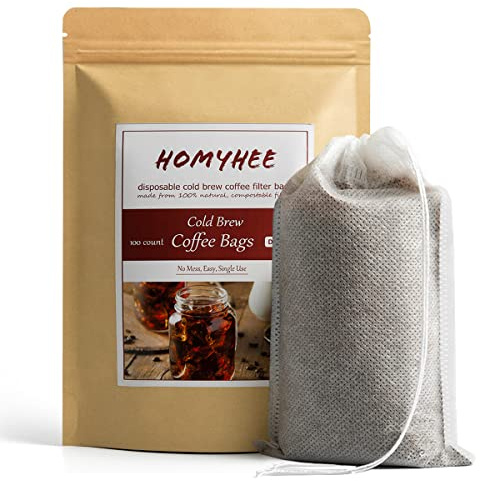 HOMYHEE No Mess Cold Brew - 100 bolsas desechables de malla fina para cafetera concentrada/helada, kit de prensa francesa/fría, té caliente en tarro Mason o jarra, 4 x 6 pulgadas