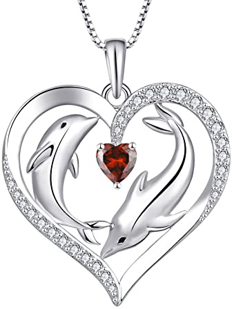 Starnny Collier Femme Argent 925/1000, Pendentif Coeur animal Dauphin Pierre de naissance de Janvier Couleur Grenat pour Femme