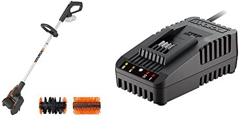 WORX WG441E.9 Akku-Multi-Bürste 20V -multifunktionale Oberflächenbürste für Stein-& Holfzflächenreinigung & Unkrautentfernung & WA3880 Akku Ladestation – Akku Schnell-Ladegerät