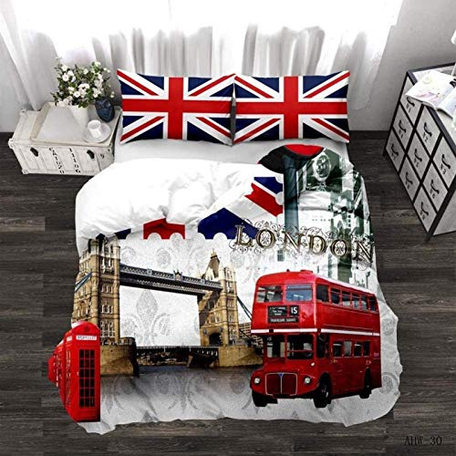 HELVES Bettwäsche 135x200 cm London Bridge, 3D Bettwäsche Set Mikrofaser Bettbezug Londoner Bus für Kinder, Weiche Bettbezüge + 2 Kissenbezug 80x80 cm, mit Reißverschluss
