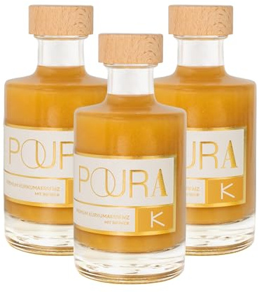 Poura Premium Kurkumasirup 195 ml vegan I Alkoholfreies Bio Getränk, leckerer Vital Drink & Ingwer Kurkuma Shot I Mit Wacholder, Ingwersaft & Acerola