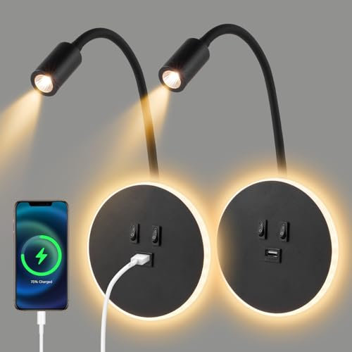 2pcs Lampada da parete a LED, lampada da lettura sul comodino a collo di cigno, applique regolabile sul comodino, con porta di ricarica USB, applique da parete per corridoio(luce calda 3W+9W) (Nero)