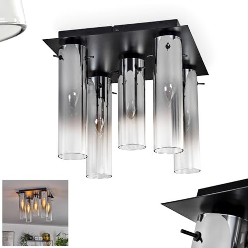 Deckenleuchte Caimitte, Deckenlampe aus Metall/Glas in Schwarz/Rauchfarben/Klar, Leuchte im Retro/Vintage-Design mit Schirmen aus Glas (Ø 6 cm), 5 x E14, ohne Leuchtmittel
