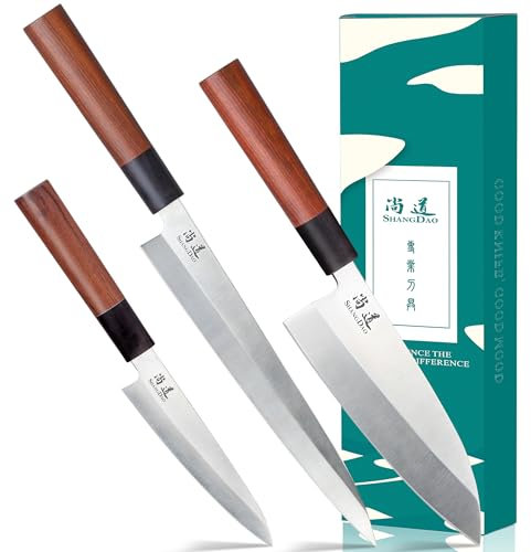 SHANGDAO Japanisches Küchenmesser-Set, 3-teiliges Gyuto-Sushi-Kochmesser, Yanagiba-Deba-Utility-Küchenmesser, Kochmesser, hochwertiger deutscher Edelstahl und traditioneller Holzgriff, Geschenkbox
