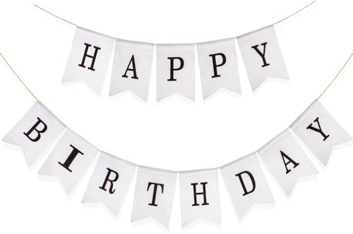 G2PLUS Happy Birthday Girlande Weiß Schwarz, Leinen Geburtstag Wimpelkette Wiederverwendbar, Stoff Wimpelkette für Party Dekoration