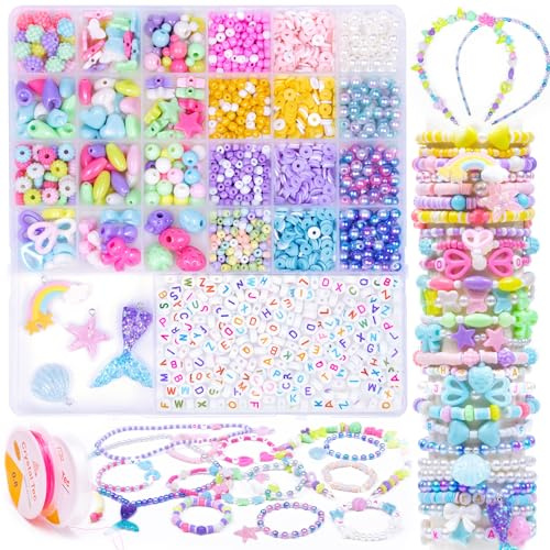 MiuCo Spielzeug ab 5 Jahre Mädchen, Perlen Set für Kinder Schmuck Basteln, Kreative Geschenke für 6 7 8 Jahre Mädchen Eignen Sich für Kindergeburtstag, Einschulung, Weihnachten - Kinderschmuck