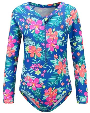 BOVOSHA Girls One Piece Swimsuit Kids Hawaii Floral Long Sleeve Swimming Costume Sun Protection Rash Guard (Blue, 5-6T)
