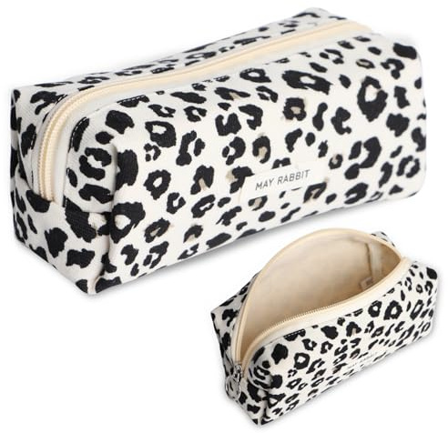 ICKEYOU Mäppchen Cord-Stoff Mädchen Teenager Stiftetasche Stiftemappe Pencil Case Federtasche Schreibwaren Organizer Tasche Große Speicherkapazität Federmäppchen für Schule Büro(Weiß Leopardenmuster)