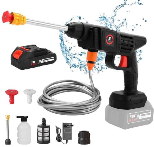 Limpiador de alta presión con batería, 50 bar, limpiador de alta presión inalámbrico, pistola de alta presión, limpiador de alta presión, cargador y manguera de 5 m, para limpieza y riego (10000 mAh)