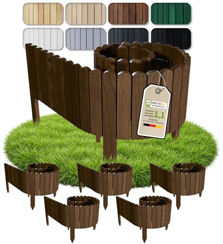 Floranica 10 m Trädgårdskant Flexibelt trästaket 5-delat 2 m x 10 cm Brun Rabattkant Staket av Tallträ Rabattinfattning flexibel Gräskant Rollborder Set för Trädgård