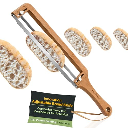 Keechee Adjustable Bread Slicer for Homemade Bread – Sourdough Bread Knife with Thickness Guide & Serrated Stainless Blade, Manual Bow Cutter for Bagels and Baguettes, Gift for Baker, Ambidextrous Use