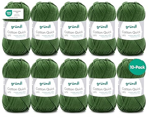 Gründl Wolle Cotton Quick uni Häkelgarn 10 Knäuel 50 g, moos | dünne Wolle zum Häkeln - Strickgarn - Häkelgarn - Glänzend und hautfreundlich - 100 % Baumwolle - 50 g / 125 m