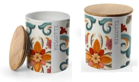 Utilissimi EDITACASA Biscottiera in Ceramica con Coperchio in Legno, Decorazione Floreale, Design Rotondo misure 13x17