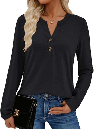 Pawate Damen Langarmshirt Elegant Oberteil V-Ausschnitt Blusen Business Tops Casual Baumwolle Shirts Herbst Tunika(schwarz/XL)