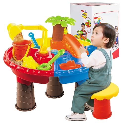 Csafyrt Toddler Water Table Sand Table 4-in-1 Sand and Water Play Kids 17.7x.13.8'' with Play Accessories Sandbox for Outdoor Activity Round Shape