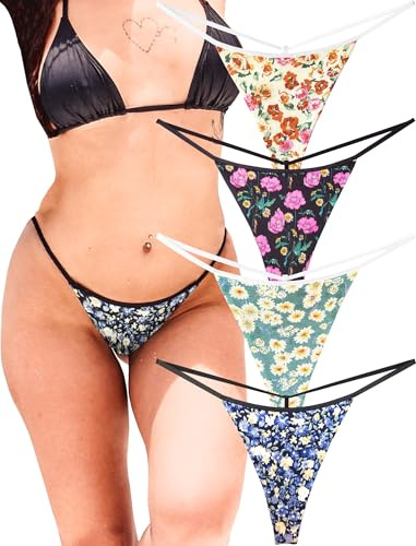 U PANDA bomull string tangas för kvinnor T Back G String underkläder sömlösa trosor sexiga 4-pack set, Rosenblad, XS