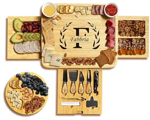 Tagliere per formaggi in bambù personalizzato con 3 cassetti e set di utensili, vassoio rotondo incluso, set regalo personalizzato per salumi, matrimonio, compleanno, inaugurazione della casa, per