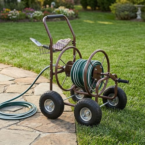 Luxebough Liberty Garden Avvolgitubo, Carrello per tubo da giardino resistente con ruote, Carrello avvolgitubo professionale per esterni, capacità 250 FT, telaio in acciaio antiruggine, elegante