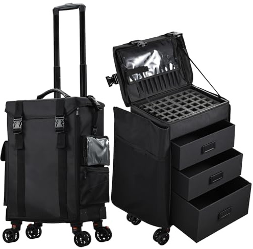 Trolley Make Up 4 in 1 Valigia Trucco Professionale con Rotelle Valigetta Trucchi con 3 cassetti Valigetta Parrucchieri in Nylon per Make-up Artist, Tecnico di Manicure e Stylista, Classico Nero
